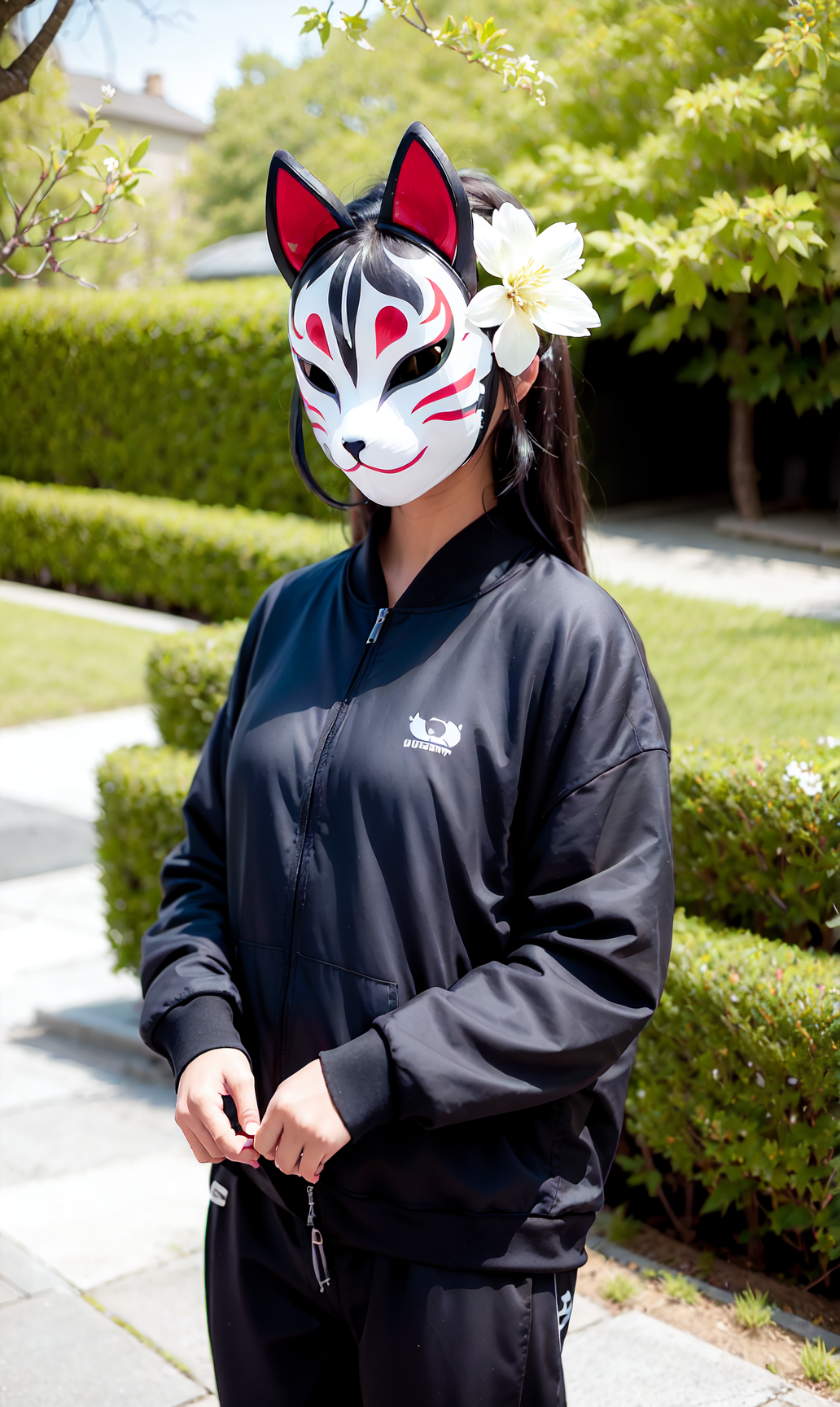 19895-2955372901-kitsunemask  a person wearing a kitsunemask on face,  in techwear jacket and jeans, in a garden with beautiful flowers, long hai.png